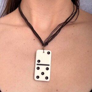 Ballerina Domino necklace with adjustable black ribbon cord chain